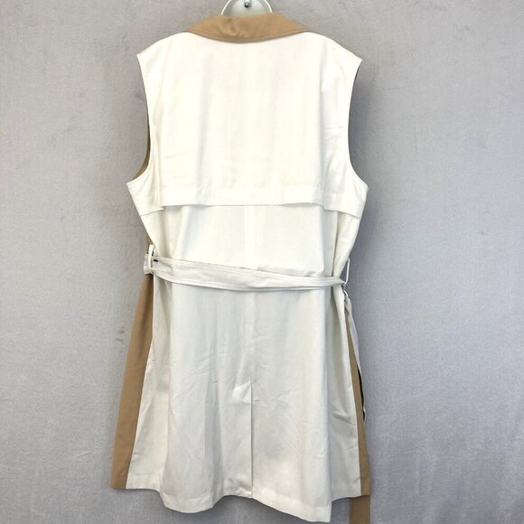 Nine West Sleeveless Trench Vest Womens 2XL Tan White Belted Double Breasted - Picture 2 of 14